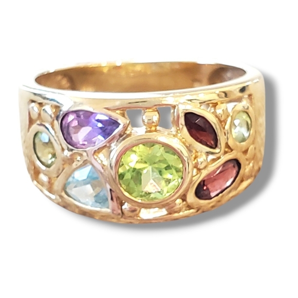 10K Yellow Gold Multi Gemstone Ring Wide Band Peridot Garnet Topaz Amethyst 4g+ - Picture 13 of 13